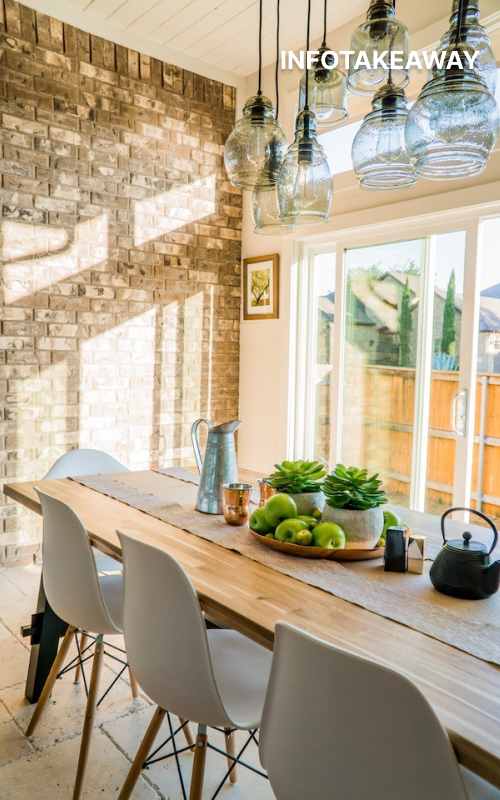 Long dining table with fruits on top