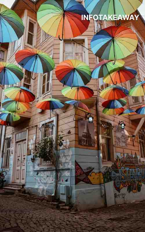 Umbrellas hanging from thread